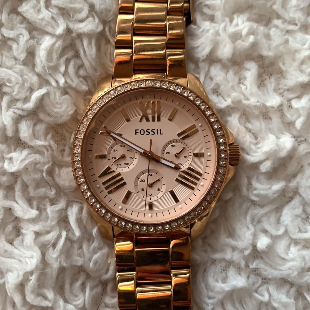 Riley Fossil Rose Gold Watch with CZ Bezel